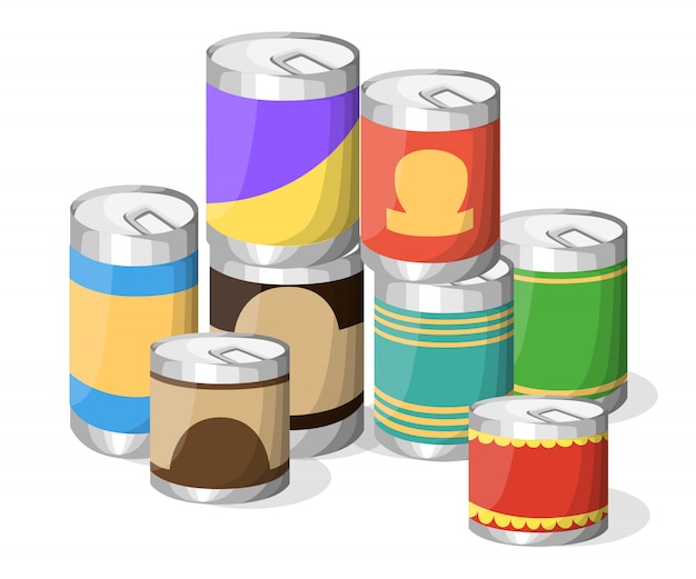 Collection of various tins canned goods food metal container grocery store and product storage aluminum  label canned conserve illustration. web site page and mobile app   element.