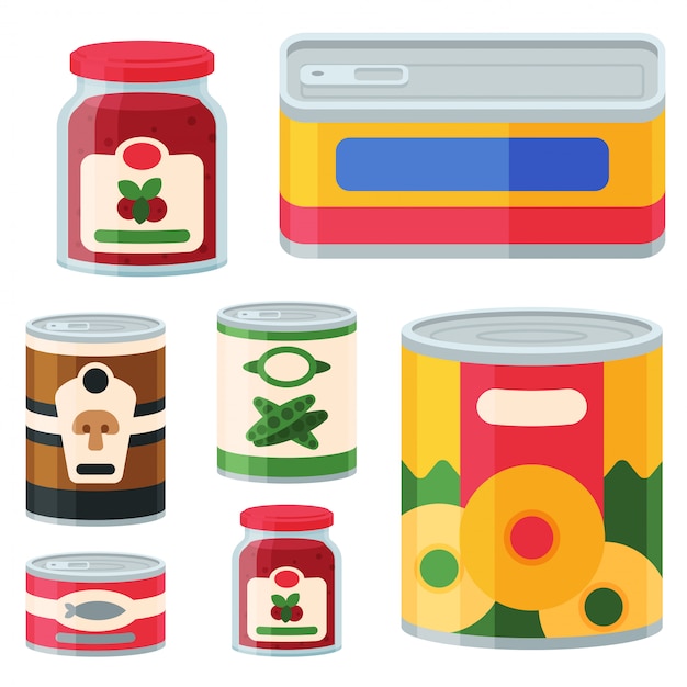 Vector collection of various tins canned goods food metal and glass container  illustration.