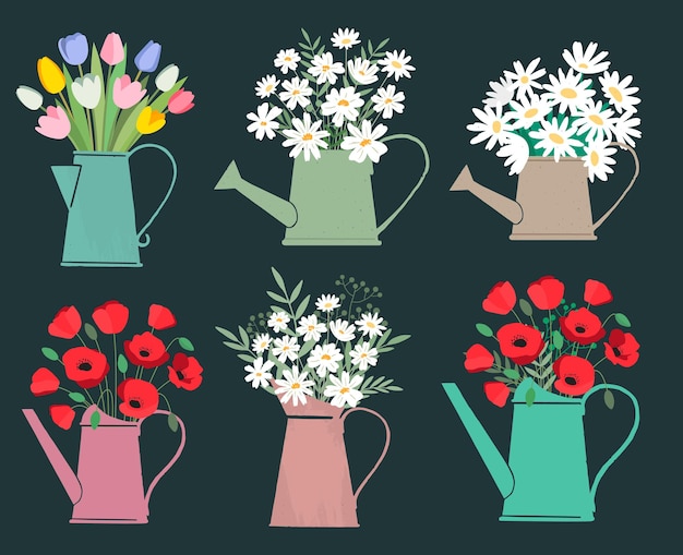 Collection of various types of blooming flowers arranged in colorful watering pots