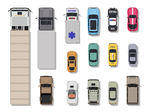 Collection of various vehicles. top view.