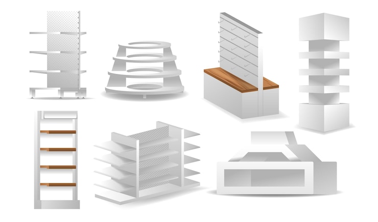 Vector collection of various white retail display racks and shelves designed for store organization