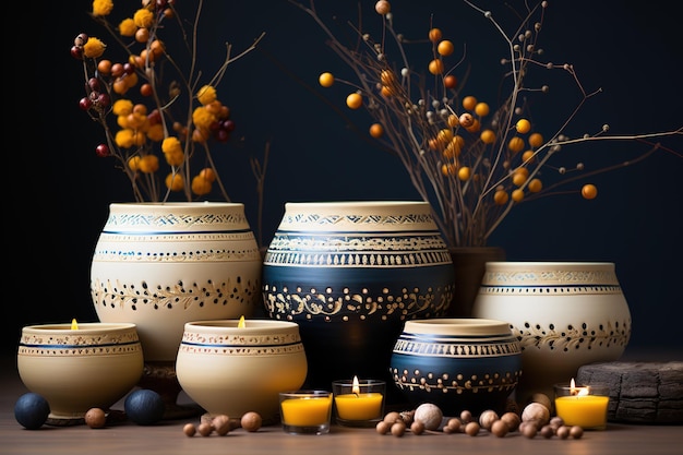 a collection of vases with berries and berries on the bottom