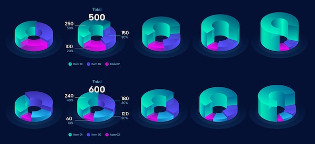 Vettore raccolta di modelli di infografica per grafici a torta circolari vettoriali 3d con 3 4 sezioni con rapporti diversi