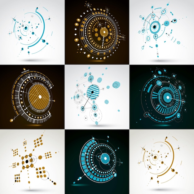 Collection of vector abstract backgrounds created in Bauhaus retro style. Modern geometric composition can be used as templates and layouts. Engineering technological wallpaper made with circles.