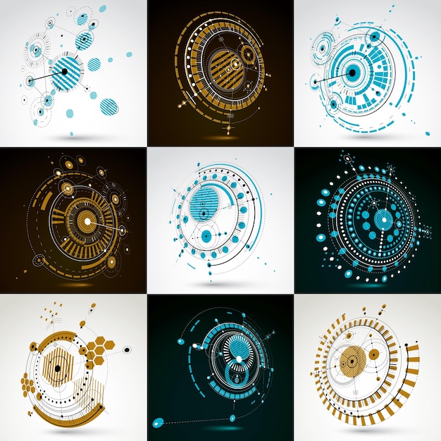 Collection of vector abstract backgrounds created in Bauhaus retro style. Modern geometric composition can be used as templates and layouts. Engineering technological wallpaper made with circles.