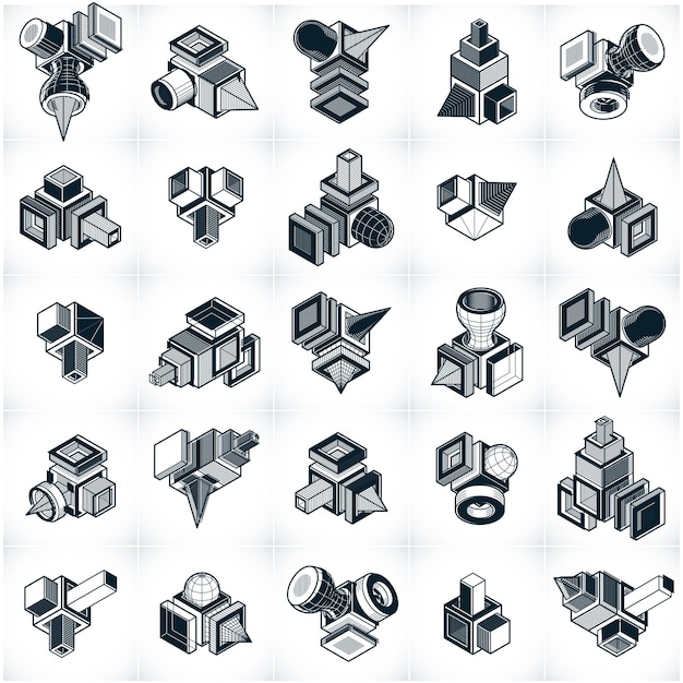 Collection of vector abstract different dimensional geometric shapes.