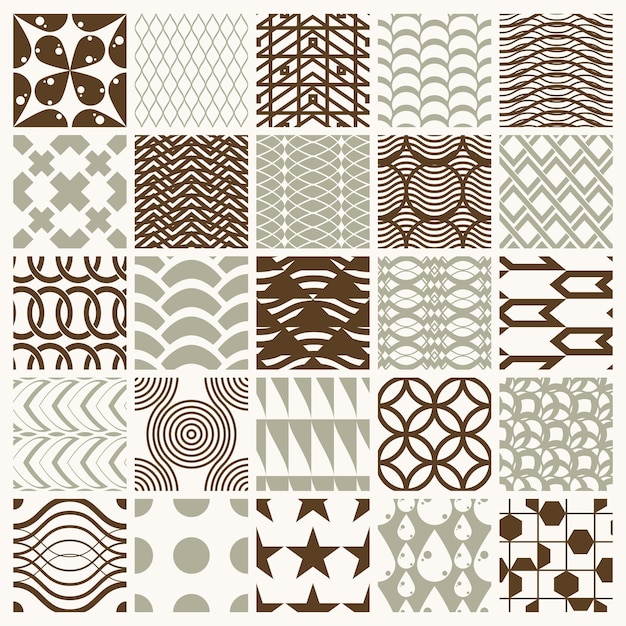 Collection of vector abstract seamless compositions best for use as wrapping papers, symmetric ornate backgrounds created with simple geometric shapes.