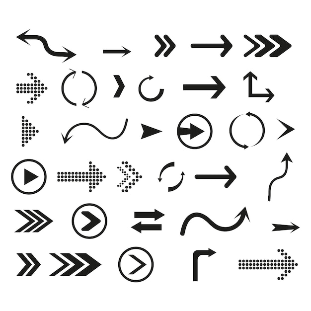 Collection of vector arrows Black arrows cursors set icon back side preview of applications or values of web design mobile application map Flat style on white background Vector illustration