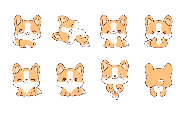 Collezione di cartoni animati vettoriali di cuccioli di corgi set di illustrazioni di cani isolati kawaii per stampe per