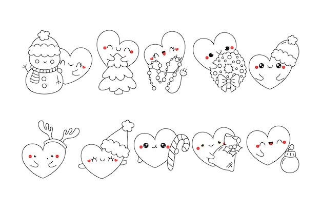 Vector collection of vector christmas heart outline set of isolated xmas character coloring page