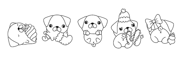 Collection of vector christmas pug dog outline set of isolated xmas animal coloring page