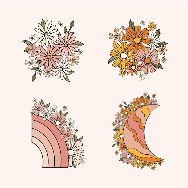 Collection vector flowers set in pastel color blue and pink Cute heart and rainbow with flowers on isolated white background