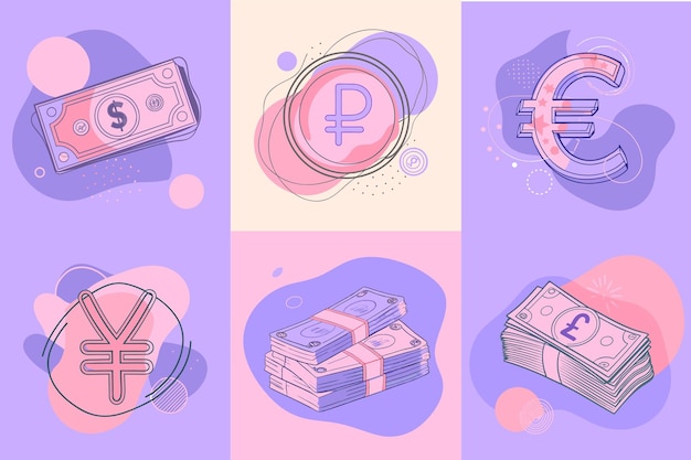 collection of vector global currencies including euro dollar rubles yen and pound