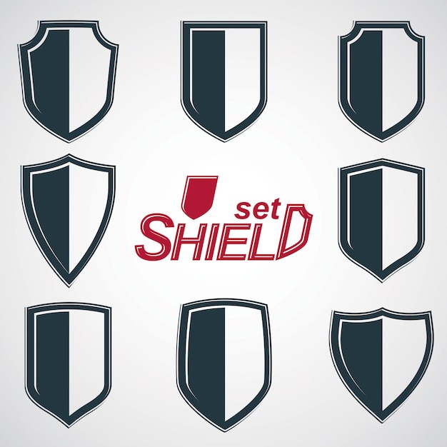 Collection of vector grayscale defense shields, protection design graphic elements. high quality heraldic illustrations on security theme – set of retro coat of arms.