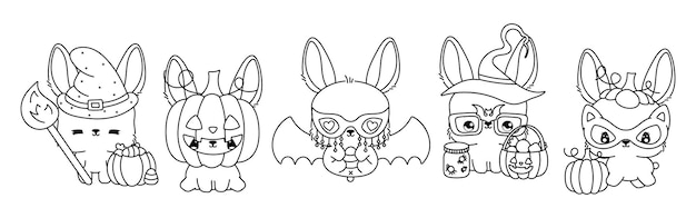 Collection of vector halloween bunny outline set of isolated halloween rabbit coloring page
