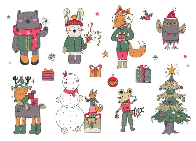 Vettore raccolta di animali divertenti di natale disegnati a mano vettoriali