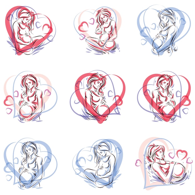 Collection of vector hand-drawn illustration of pregnant elegant woman expecting baby, sketch. Love and fondle theme.