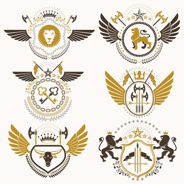 Collection of vector heraldic decorative coat of arms isolated on white and created using vintage design elements, monarch crowns, pentagonal stars, armory, wild animals.