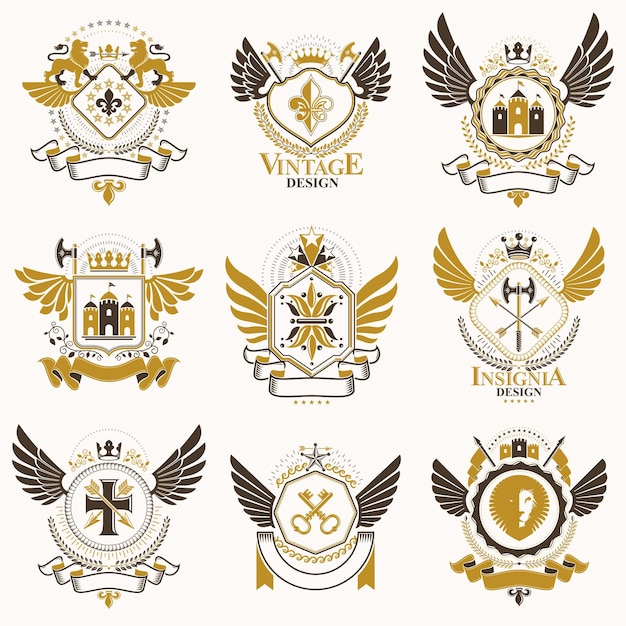 Collection of vector heraldic decorative coat of arms isolated on white and created using vintage design elements, monarch crowns, pentagonal stars, armory, wild animals.