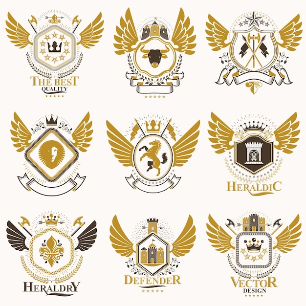 Collection of vector heraldic decorative coat of arms isolated on white and created using vintage design elements, monarch crowns, pentagonal stars, armory, wild animals.