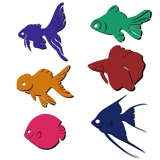 Vettore collezione di illustrazioni vettoriali di silhouette colorate di pesci su sfondo bianco
