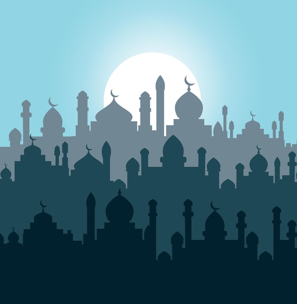 A collection of vector illustrations depicting the silhouette of iconic elements of Arabic architecture such as the mosque roof the minaret and the Islamic cityscape panorama