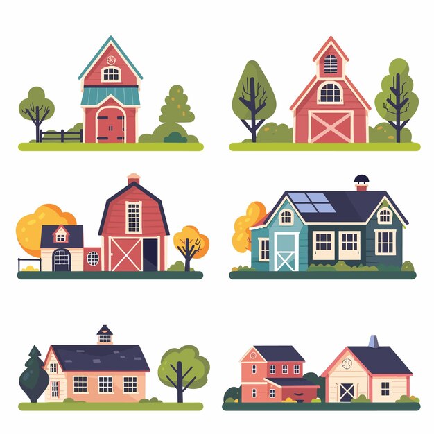 Vector collection vector illustrations depicting various types houses set against simple landscape