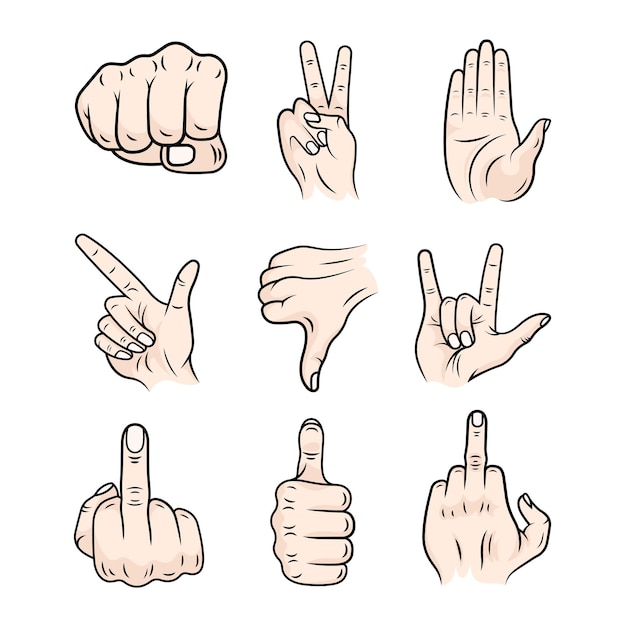Vector collection of vector illustrations of hand gestures on a white background