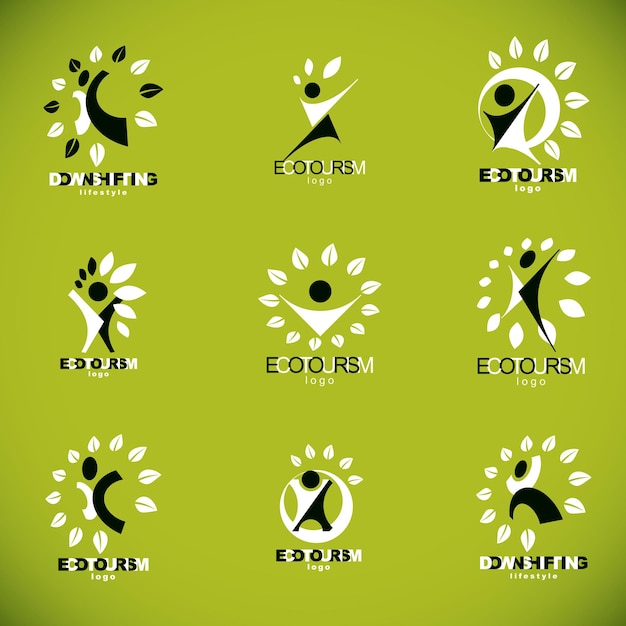 Collection of vector illustrations of happy abstract human with raised hands up. Downshifting concept graphic icon.
