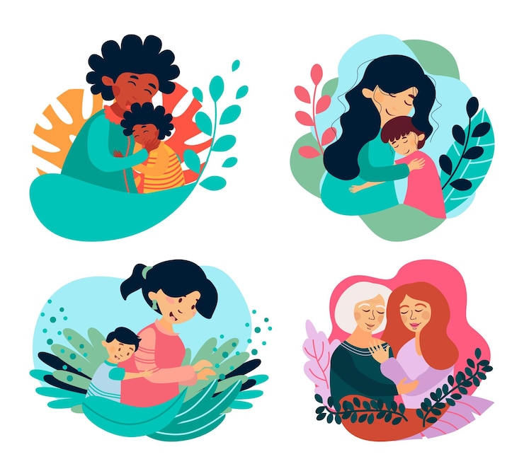 Vector collection of vector illustrations of happy family relatives hug concepts with flowers and leaves decorations on a white background