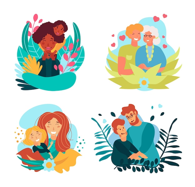 Vector collection of vector illustrations of happy family relatives hug concepts with flowers and leaves decorations on a white background