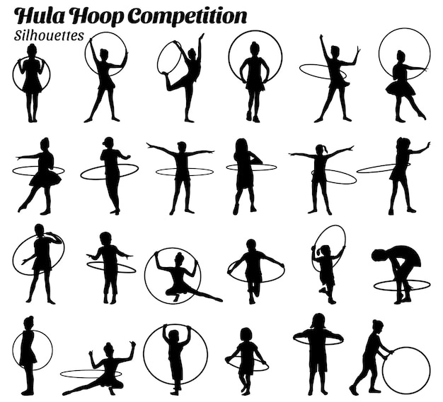 Vector collection of vector illustrations of silhouettes of children competing to play the hula hoop