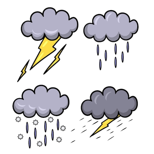 Vector collection of vector illustrations of various weather conditions with clouds