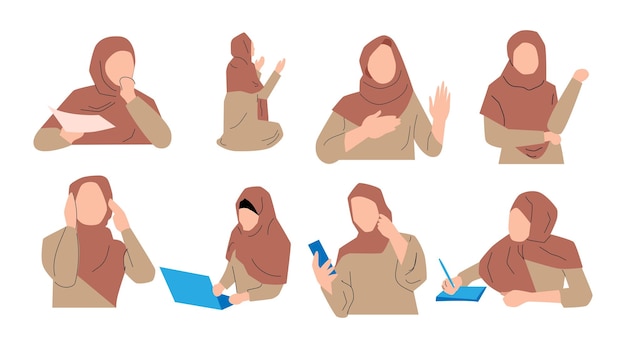 Vettore raccolta di illustrazioni vettoriali di donne che indossano l'hijab