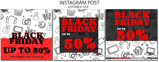 Vector collection of vector instagram posts for black friday with pattern
