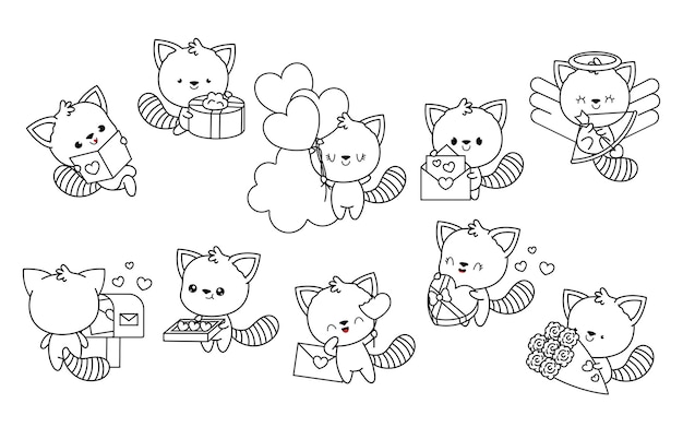 Collection of vector kawaii red panda coloring page set of isolated cartoon baby red panda outline