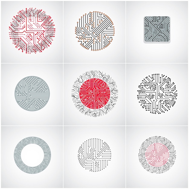 Vector collection of vector microchip designs, cpu. information communication technology elements with multidirectional arrows, circuit boards in the shape of square and circle.