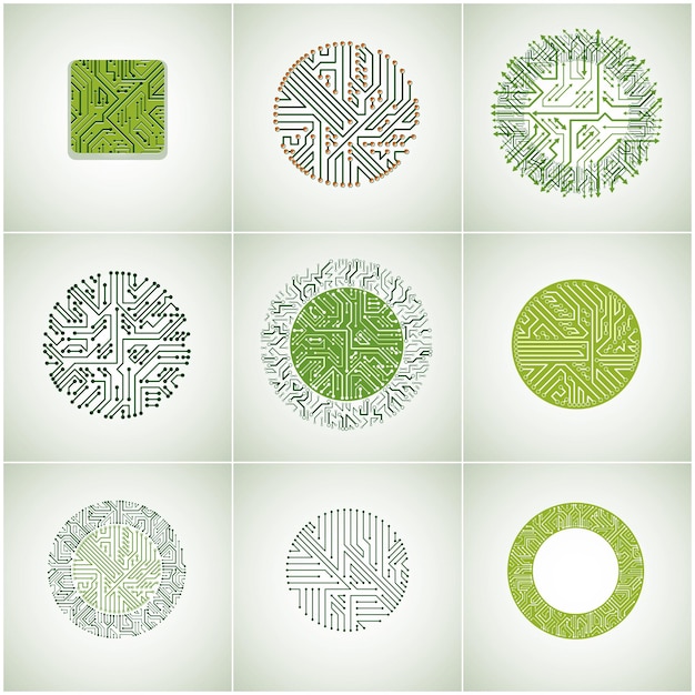 Collection of vector microchip designs, cpu. Information communication technology elements with multidirectional arrows, circuit boards in the shape of square and circle.