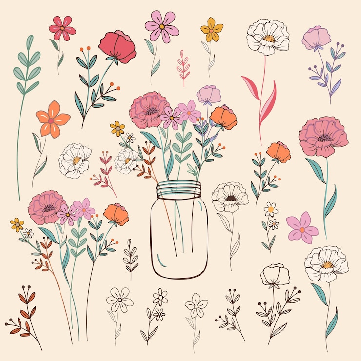 Vector collection of vector rustic bohemian flowers