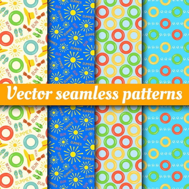 Collection of vector seamless patterns Summer backgrounds Summer sun beach accessories