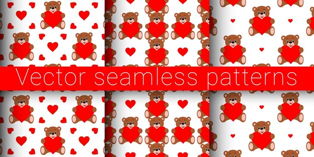 Collection of vector seamless patterns Teddy bear with a heart