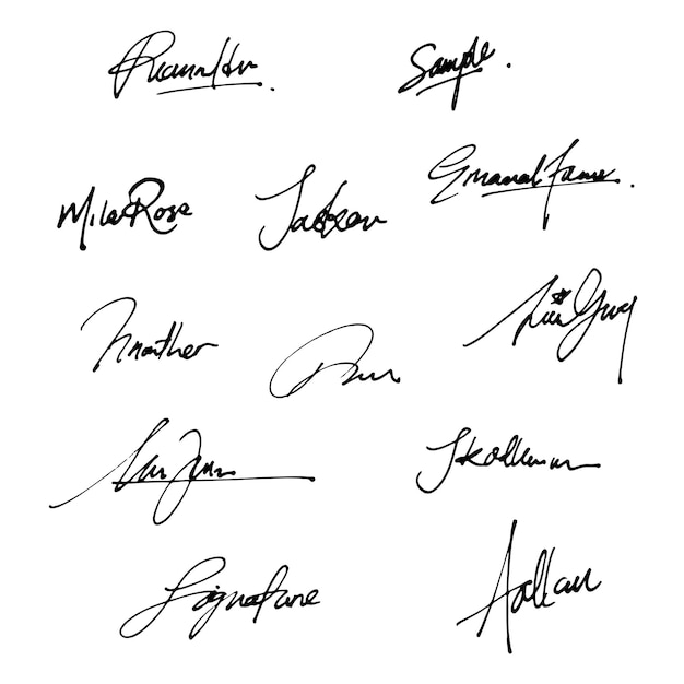 Vector collection of vector signatures fictitious autograph signature for convention