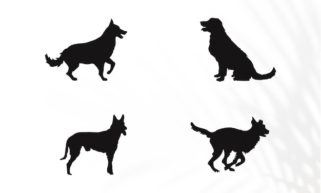 Коллекция векторных силуэтов разных пород собак на белом фоне