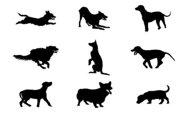 Collection of vector silhouette different breeds of dogs on white background