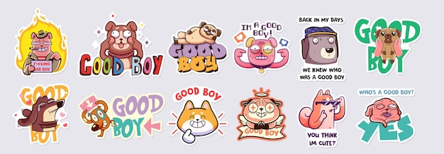 A collection of vector stickers or badges with different dogs who know that they are good boys