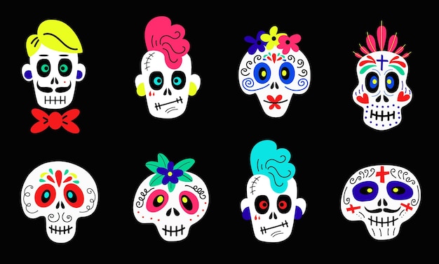 Collection of vector stickers of funny colorful cartoon skulls of different types on black backgroun...