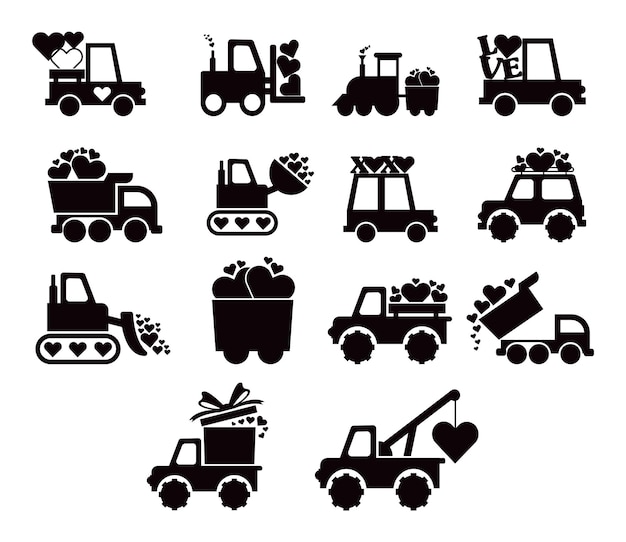 Collection of vehicle valentine's icon flat isolated vector silhouettes