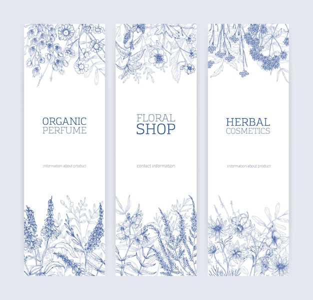 Collection of vertical banners decorated with wild flowers and flowering meadow herbs hand drawn with contour lines on white background.