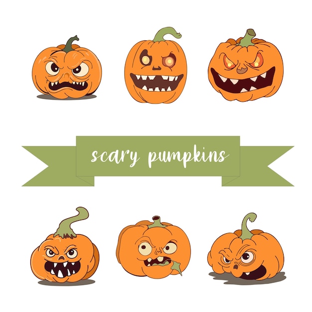 Vector a collection very scary pumpkins illustrations for halloween