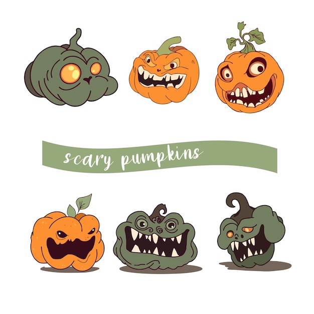 Vector a collection very scary pumpkins illustrations for halloween